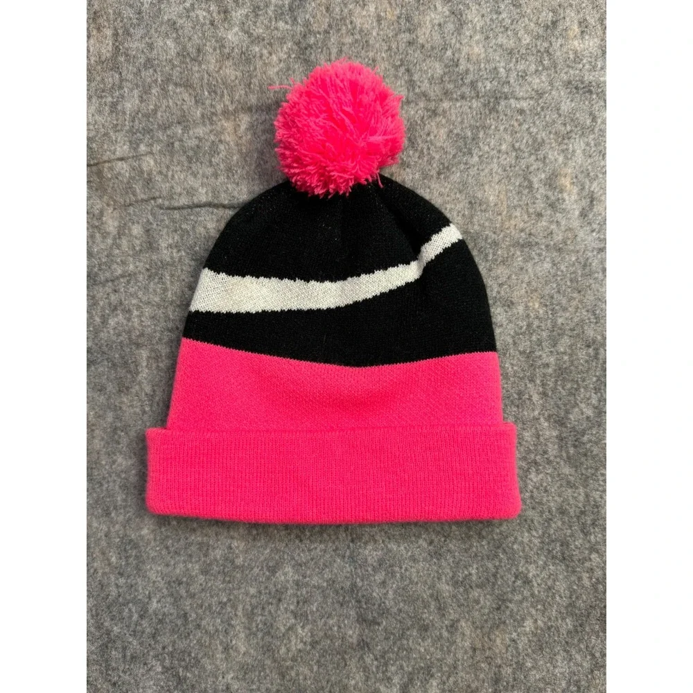 Nike Youth Beanie Pom Pom Black Pink White‎ Swoosh Logo Winter Hat